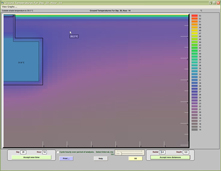 A vertical cross-section to 5 m deep, to 5 m from chamber, at 3 pm.  Calculations are done to 10 m x 10 m.  Click for larger view.